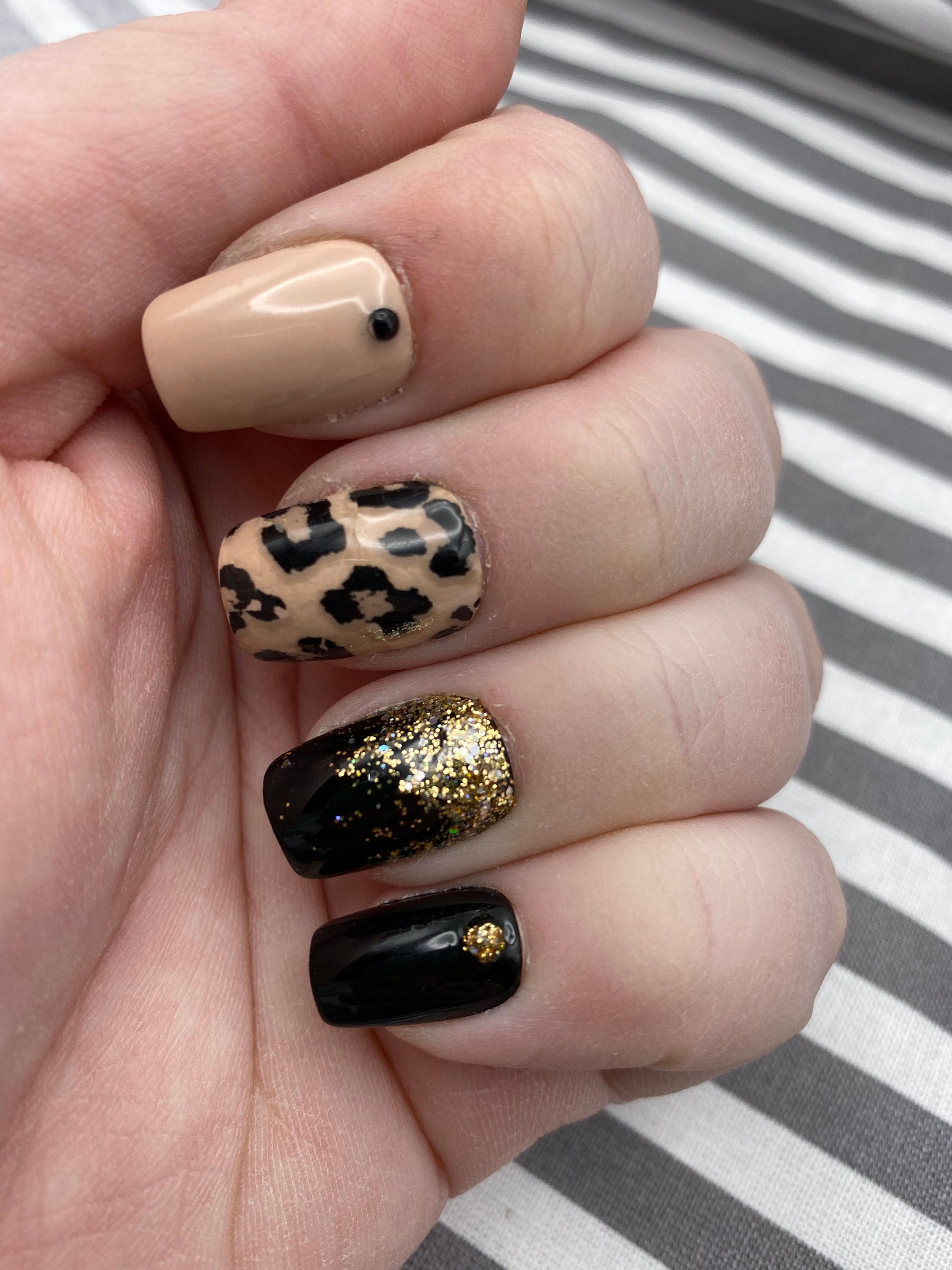 Short Square Black Nude Gold & Leopard Press-on Nails - Etsy