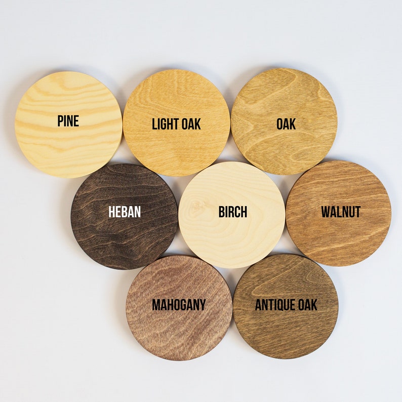 May include: Eight wood samples in different colours and wood types: pine, light oak, oak, heban, birch, walnut, mahogany, and antique oak.