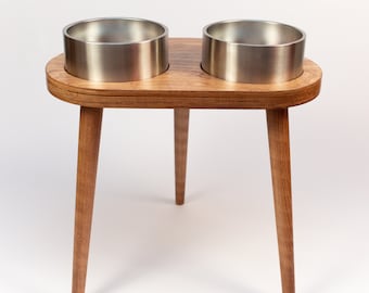 Two bowl raised dog bowl stand for big dog, Elevated yeti dog bowl feeder, Mid century modern elevated large dog bowl stand with safe finish