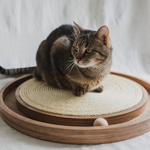 Cat Scratcher with Toy, best scratcher, toy for cat with ball, floor pet game, gift for cat, modern cat furniture, catnip image 1