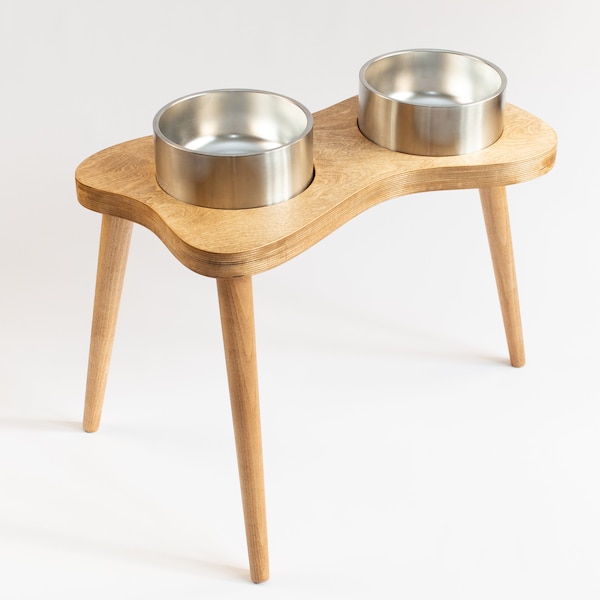 Two bowl raised dog bowl stand for big dog, Elevated yeti dog bowl stand, Mid century modern dog feeder, Minimalist large dog bowl stand
