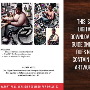 May include: A digital download guide for creating art using ChatGPT and DALL-E 3. The guide includes 8 base prompts with sample art, a ChatGPT art prompt generator, and a resource guide for beginners.  ChatGPT Plus version is required for DALL-E 3.