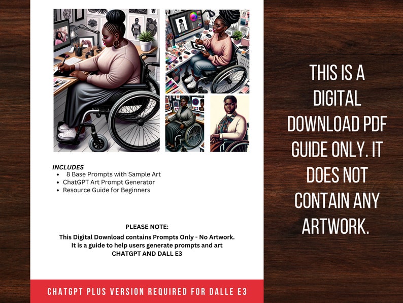 May include: A digital download guide for creating art using ChatGPT and DALL-E 3. The guide includes 8 base prompts with sample art, a ChatGPT art prompt generator, and a resource guide for beginners.  ChatGPT Plus version is required for DALL-E 3.