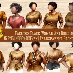 May include: A digital art bundle of 16 faceless black women in various poses and outfits. The women are wearing different styles of clothing, including dresses, skirts, and pants. The background is transparent.