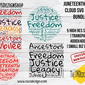 Pacchetto di nuvole di parole Juneteenth in formato SVG e PNG / Libertà / Eredità / Arte della giustizia / Uso commerciale / Festa della liberazione / Arte della libertà / Giustizia sociale