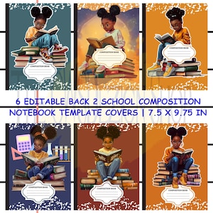 May include: Six composition notebook covers featuring illustrations of a young person reading on a stack of books. The covers have a blank label for the name and the text "COMPOSITION BOOK". The notebooks are 7.5 x 9.75 inches.