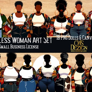 May include: A set of 18 digital illustrations of faceless women in various poses wearing different outfits. The women are all wearing white tank tops, jeans, and colorful jackets. The text "FACELESS WOMAN ART SET 18 PNG DOLLS & CANVA LINK SMALL BUSINESS LICENSE CWS DEZIGN www.cwsdezign.com" is at the bottom of the image.