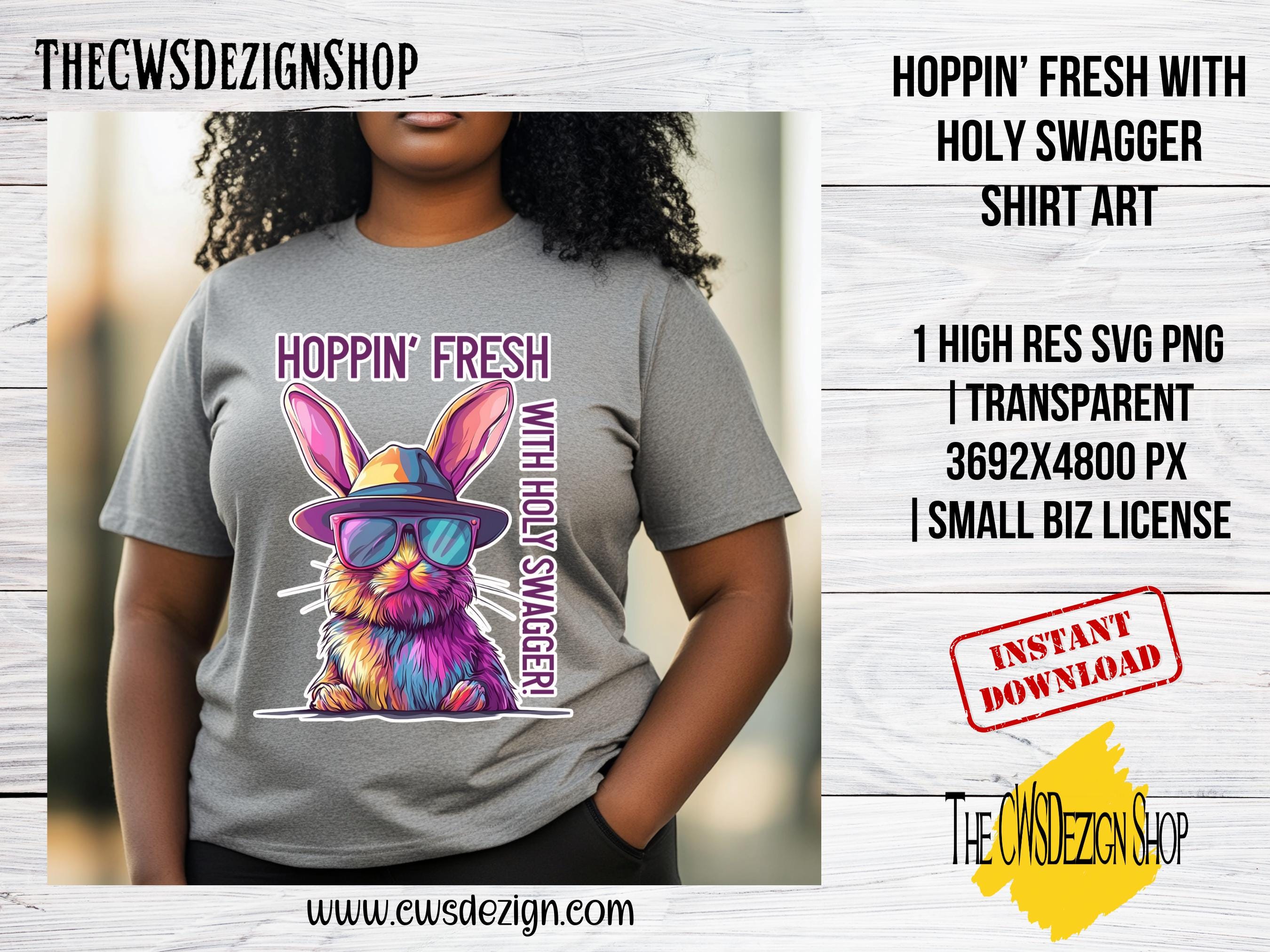 Hoppin’ Fresh with Holy Swagger Shirt Art – Christian Easter Bunny Graphic PNG | Easter PNG | Hip Bunny PNG | Jesus Bunny | Rainbow Bunny