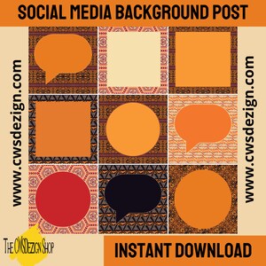 May include: A set of nine social media post templates with different geometric patterns in orange, red, black, and white. The templates feature various shapes, including circles, squares, and speech bubbles. The text "www.cwsdezign.com" appears on the left and right sides of the image. The text "INSTANT DOWNLOAD" appears at the bottom of the image.