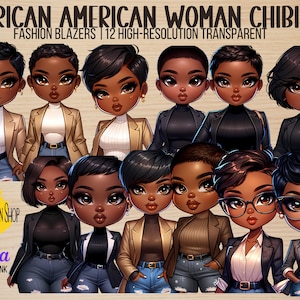 Puede incluir: Conjunto de 12 ilustraciones digitales de mujeres afroamericanas en estilo chibi con blazers. Las mujeres tienen diferentes peinados y expresiones. Las ilustraciones son de alta resolución y transparentes.