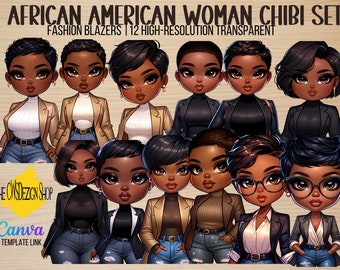Pixie Haircut Chibi Dolls - African American Stylish Blazers Set | Black Chibi Girl | Pixie Cute PNG | Digital Stickers | Fashion Woman | Ai