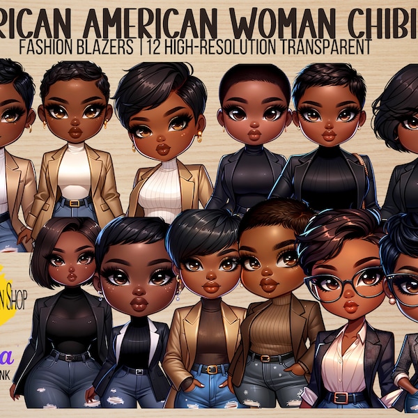 Pixie Haircut Chibi Dolls - African American Stylish Blazers Set | Black Chibi Girl | Pixie Cute PNG | Digital Stickers | Fashion Woman | Ai