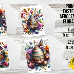 May include: Four printable Easter cards featuring a colorful, geometric patterned egg surrounded by flowers. The cards are 5.5 by 8.5 inches and are letter size when folded. The text on the cards reads "Happy Easter" and "Printable Easter Cards Afrocentric Egg Floral Motif".