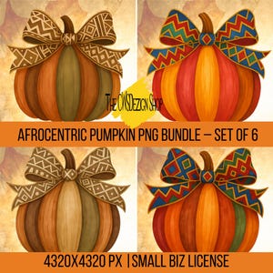 May include: Set of six digital pumpkin designs with Afrocentric patterns. The pumpkins are in shades of orange, brown, and green, each with a decorative bow. The text reads "AFROCENTRIC PUMPKIN PNG BUNDLE - SET OF 6".