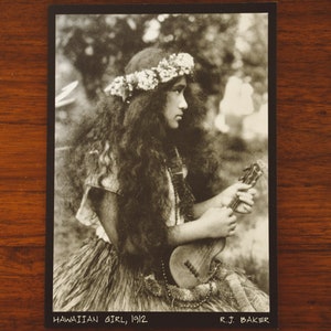 Vintage Hawaiian Postcard - Hawaiian Girl with Ukelele - Old Hawaii - Black and White Postcard