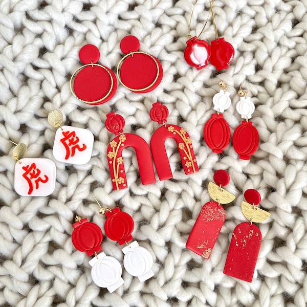 Chinese New Year Earrings - Lunar New Year, Year of the Dragon, Clay Earrings, CNY 2024