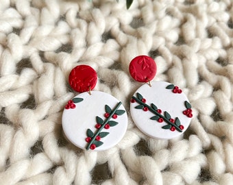 Polymer Clay Earrings - Holiday Berry Vines