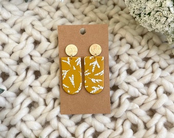 Polymer Clay Earrings - Mustard Yellow Floral Leaf Patterned Dangles