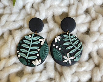 Polymer Clay Earrings - Round Black Floral Dangles