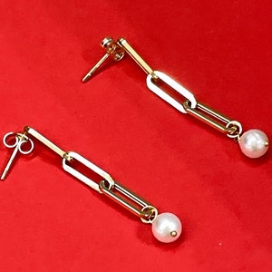 14k Gold Paperclip Pearl Drop Chain Dangle Earrings | Gold Paperclip Earrings | Link Chain Earrings | Minimalist Drop Dangle Earrings