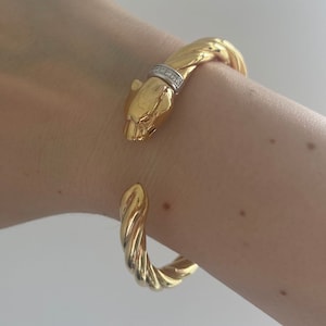 14k Gold Cuff Diamond Bracelet Bangle | Gold Panther Bracelet | 14kt Yellow Gold Bangle | Panther Cuff Bracelet-11.5mm 0.08CTW SI