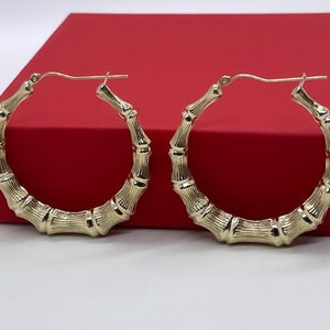 14k Yellow Gold Bamboo Hoop African Earrings | Bamboo Hoop Earrings | African Style Earrings | Bamboo Earrings - 1.75 inch 43.5mm