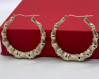 Brincos africanos de argola de bambu em ouro amarelo 14k | Brincos de argola de bambu | Brincos estilo africano | Brincos de bambu - 43,5 mm