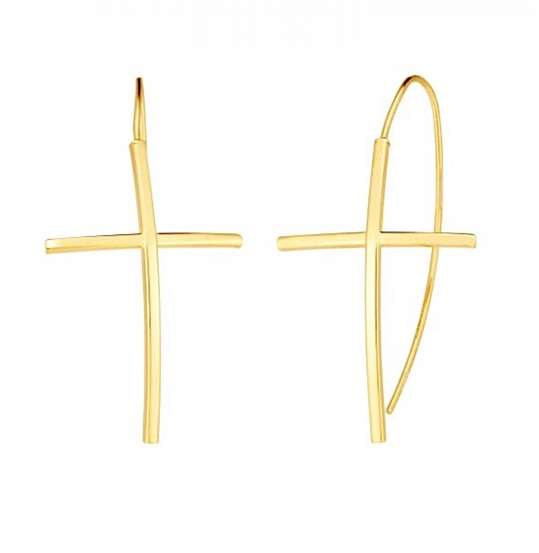 14k Real Gold Cross Earrings, Religious Cross Earrings, Real Gold