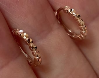 Argolas em ouro rosa real 14k, brincos pequenos de argola em ouro rosé - Brincos de argola com corte de diamante 14k - argolas em ouro 14k