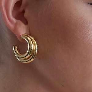 Silver Gold Plated Puffed Double Row Hoops | Chunky Hoop Earrings | Gold Hoops | Hoop Earrings | Huggie Hinged Hoop Earring