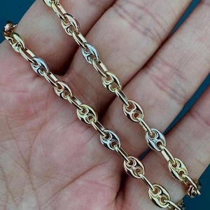 14k Gold Puff Mariner Tri Color Anchor Bracelet | Solid Gold Mariner Link Necklace | Puffed Thick Mariner Bracelet | Anchor Link Chain