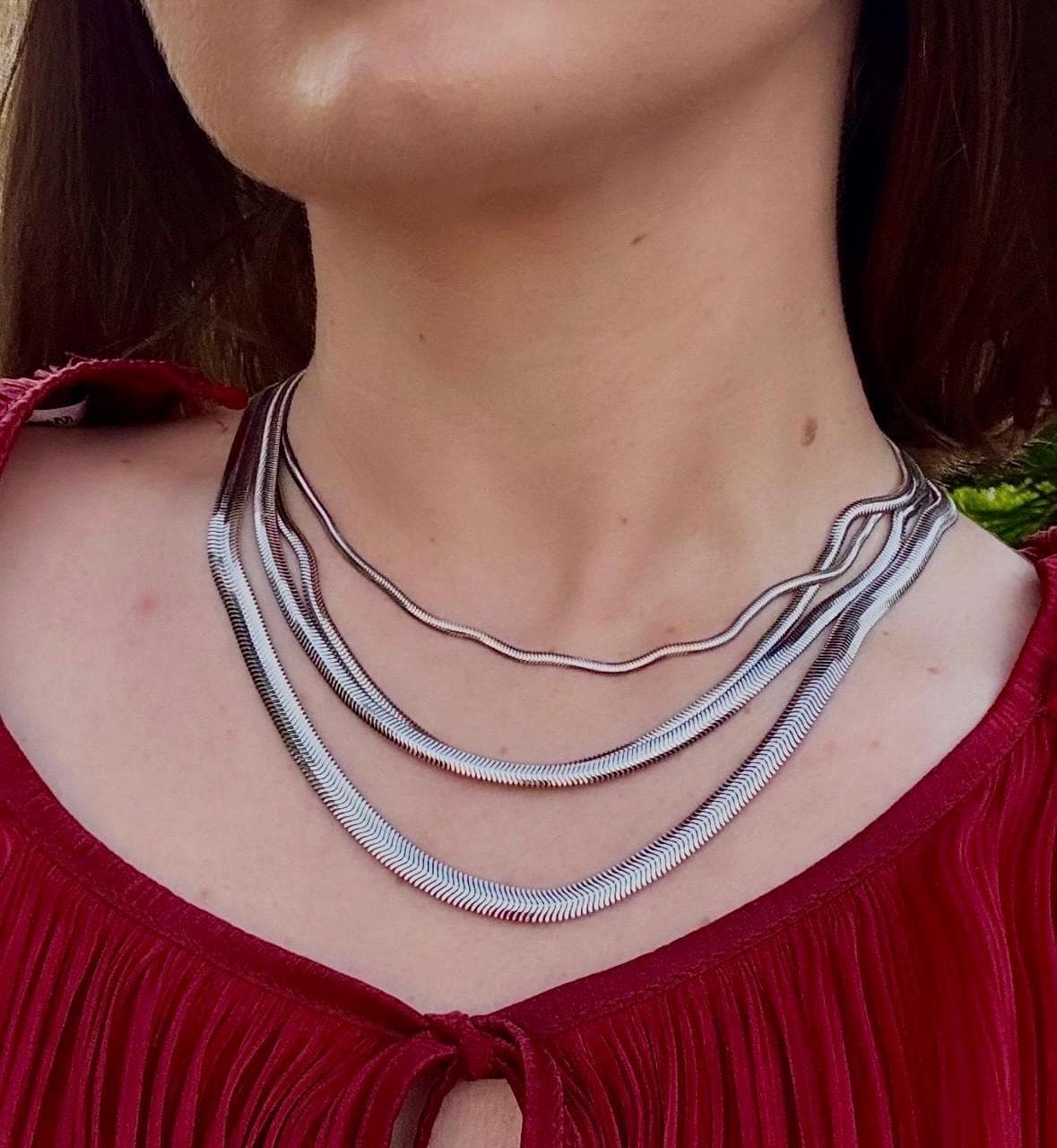 Silver Round Snake Herringbone Necklace | Snake Chain