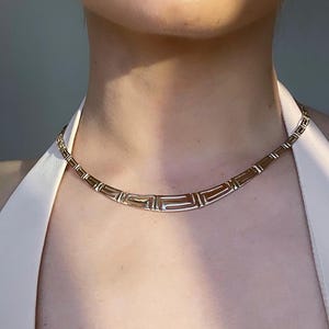 14k Yellow Gold Ladies Greek Key Chain Necklace | Greek Gold Chain | Fancy Real Gold Necklace for Womens | Greek Key Cut Out Open Bar Link