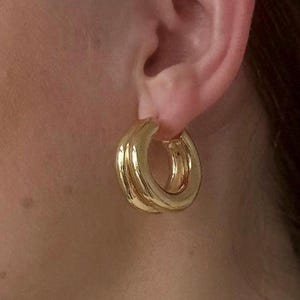 Silver Gold Plated Puffed Double Row Hoops | Chunky Hoop Earrings | Gold Hoops | Hoop Earrings | Huggie Hinged Hoop Earring
