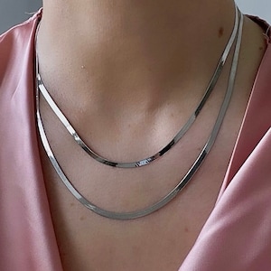 14k Biały Złoty Naszyjnik Jodełka | Naszyjnik Wąż Łańcuszek | Płaski Choker Wąż Łańcuszek | Złoty Naszyjnik Jodełka | Delikatny Łańcuszek Jodełka