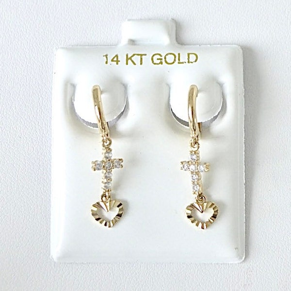 14k Real Gold Cross Heart Kids Earrings, Kids Jewelry, Heart Earrings for Kids