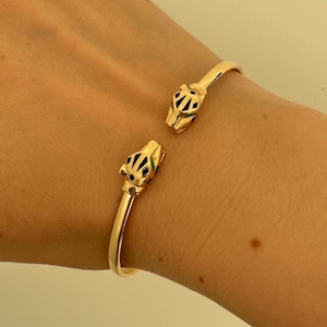 14k Gold Cuff Enamel Bracelet Bangle | Gold Panther Bracelet | 14kt Yellow Gold Bangle | Panther Cuff Bracelet