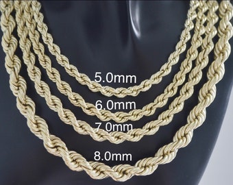 10k Rope Chain Necklace, Real Gold Rope Chain, Semi Solid Rope Chain, 5.0-8.0mm, 16-26 in