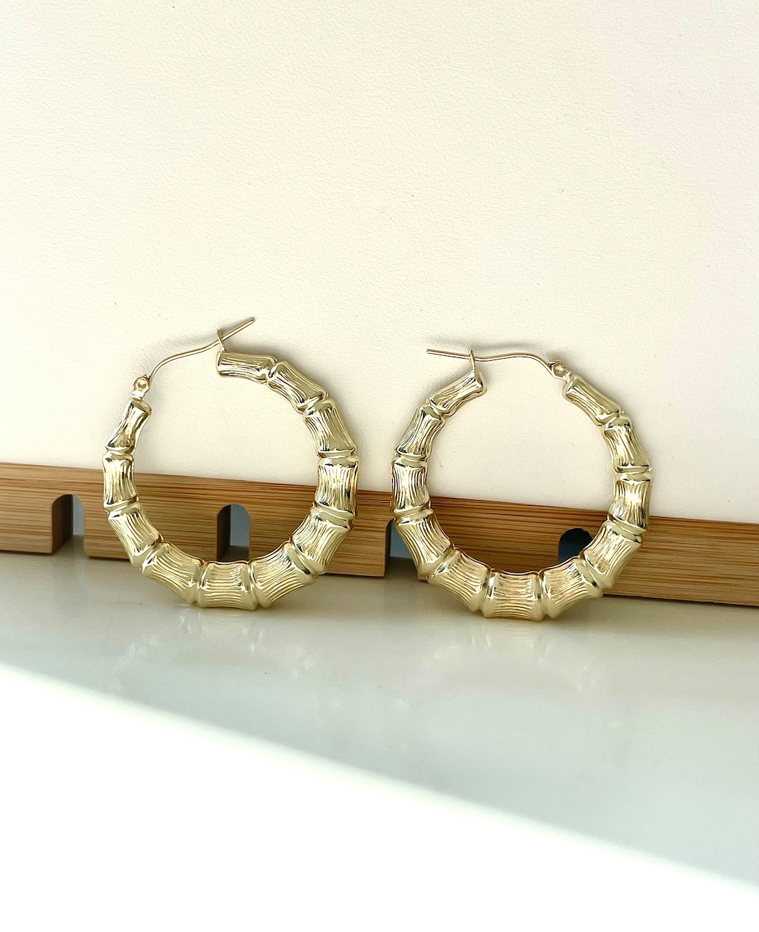 14k Real Gold Bamboo Hoop Earrings Bamboo Earrings Gold Etsy