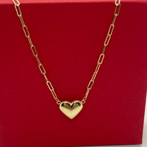 14K Yellow Gold Heart Pendent with Paperclip Chain Necklace | Link Chain Heart Clasp Choker | Gold Heart Pendant | Puffed Heart Pendant