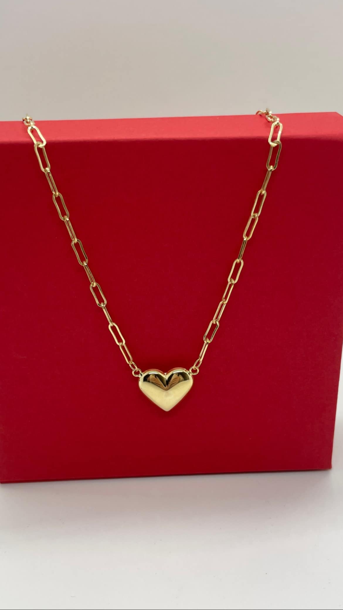 14K Yellow Gold Heart Pendent with Paperclip Chain Necklace | Link Chain Heart Clasp Choker | Gold Heart Pendant | Puffed Heart Pendant