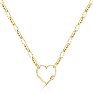14k Gold Paperclip Chain Necklace | 14k Yellow Gold Heart Pendent | Paperclip Link Chain Necklace | Italian Paperclip Chain 18Inch