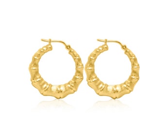 Brincos de argola de bambu em ouro amarelo 14k | Brincos de argola africanos | Brincos de argola grandes | Joias delicadas | Brincos de argola de cartilagem | Presente para ela