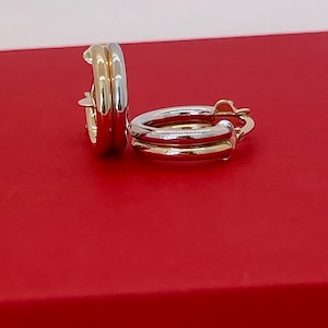 14k Real Gold Two Tone Huggie Hoop Earrings | Small Chunky Hoops | Huggie Hoops | Gold Hoop Earrings | Everyday Hoops | Gift For Her