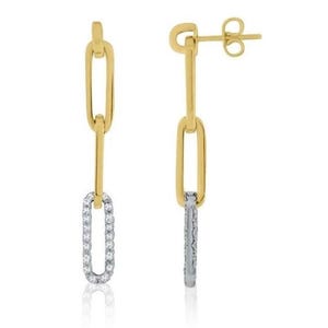 14K Real Gold Paperclip Link Drop Dangle  Earrings, Diamond Paperclip Earrings, Paperclip Hoop Earrings 0.29CTW SI