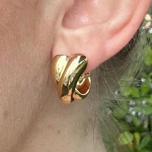 14k Yellow Gold Fancy Crossover Hoops | Chunky Hoop Earrings | Gold Hoops | Gold Braided Hoop Earrings | Solid Yellow Gold Shiny Hoops