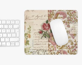 Floral Desk Mat, Elegant Boho French Country Office Decor, Vintage Style Earthy Workstation Accessory both Round and Rectangle Mouse Pad