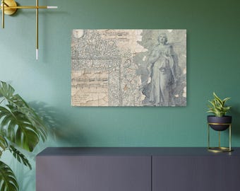 Puede incluir: Una impresión de arte mural rectangular que presenta un collage de una estatua clásica de una figura de pie con las manos juntas, superpuesta sobre un fondo de intrincados patrones florales y partituras musicales descoloridas en papel beige.