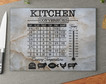 Puede incluir: Una tabla de cortar rectangular de cristal con un patrón de mármol en beige y blanco. Incluye una tabla de conversión de cocina impresa en negro, una escala de temperatura en Fahrenheit y Celsius, e iconos de carne con temperaturas.