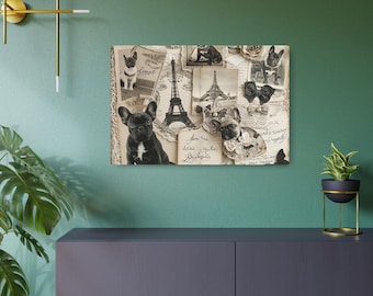 Puede incluir: Una impresión de arte mural rectangular que presenta un collage de fotografías en blanco y negro de estilo vintage. La composición incluye imágenes de bulldogs franceses, la Torre Eiffel, escritura a mano y lazos decorativos sobre un fondo beige texturizado.